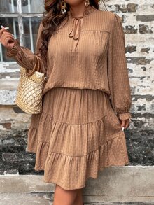 SHEIN LUNE de cuello con cordón de manga con volante Top & bajo con fruncido Falda - Café integral - Ver 6