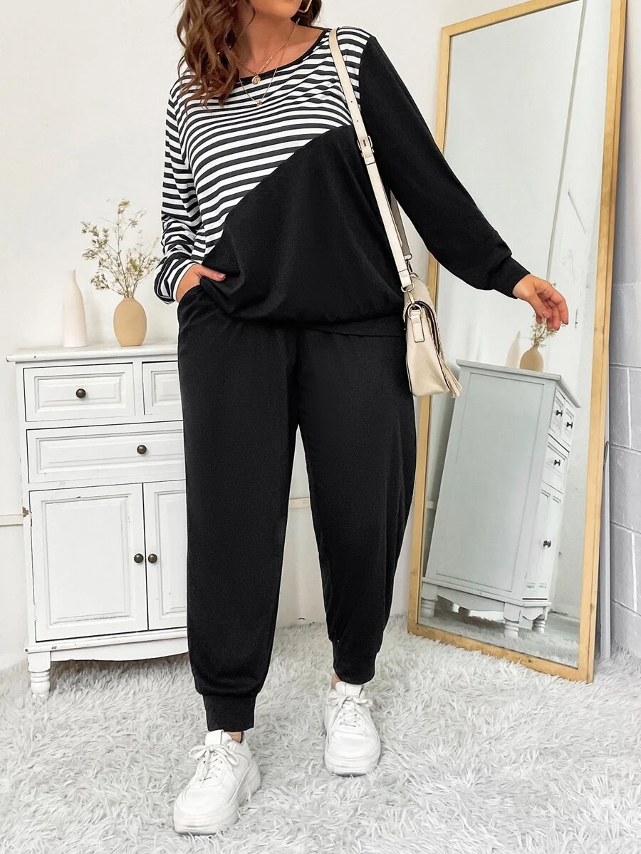 SHEIN LUNE Pantalones deportivos con camiseta con estampado de rayas - Blanco y Negro - Ver 1