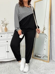 SHEIN LUNE Pantalones deportivos con camiseta con estampado de rayas - Blanco y Negro - Ver 3
