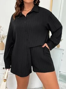 Flirla 大碼落肩袖襯衫和短褲 - 黑色 - 查看 4