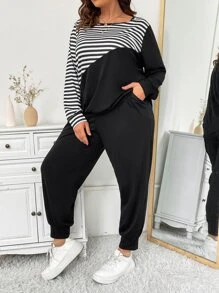 SHEIN LUNE Pantalones deportivos con camiseta con estampado de rayas - Blanco y Negro - Ver 6