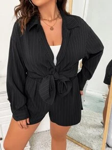 Flirla 大碼落肩袖襯衫和短褲 - 黑色 - 查看 6