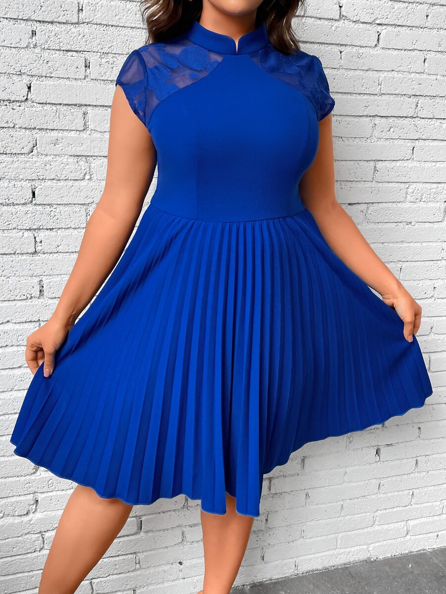 SHEIN Clasi Vestido con encaje en contraste bajo fruncido - azul real - Ver 1