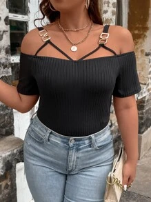 SHEIN Clasi Camiseta con diseño de aro O de hombros descubiertos - Negro - Ver 1