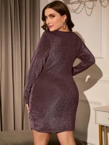 SHEIN Clasi Plus Surplice Neck Ruched Side Tulip Hem Glitter Bodycon Dress - Maroon - View 2