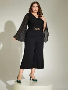 Modelyn 大碼喇叭袖鏈條細節連身褲 - 黑色 - 查看 3