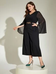 Modelyn 大碼喇叭袖鏈條細節連身褲 - 黑色 - 查看 4