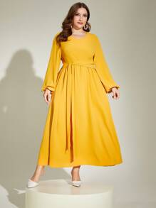 Modelyn Plus Lantern Sleeve Belted Dress - Yellow - View 1