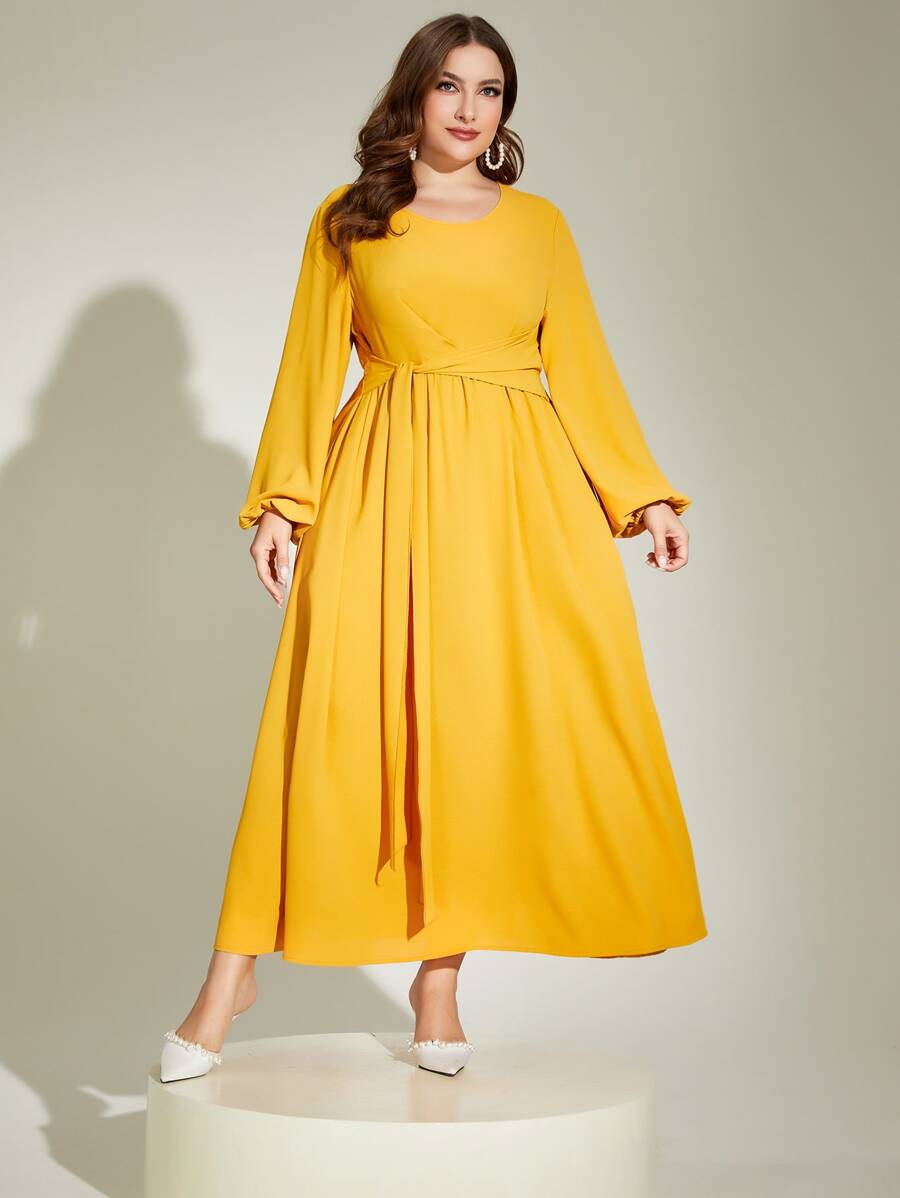 Modelyn Plus Lantern Sleeve Belted Dress - Yellow - View 1