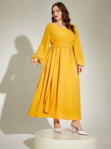 Modelyn Plus Lantern Sleeve Belted Dress - Yellow - View 3