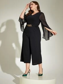 Modelyn 大碼喇叭袖鏈條細節連身褲 - 黑色 - 查看 6