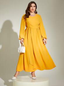Modelyn Plus Lantern Sleeve Belted Dress - Yellow - View 4