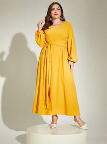 Modelyn Plus Lantern Sleeve Belted Dress - Yellow - View 6