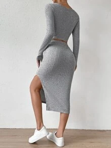 SHEIN Essnce Bộ đồ hai mảnh nữ Gân đan Tách cao màu trơn Giải trí - Màu Xám nhạt - Xem 2