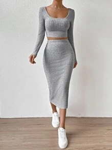 SHEIN Essnce Bộ đồ hai mảnh nữ Gân đan Tách cao màu trơn Giải trí - Màu Xám nhạt - Xem 3