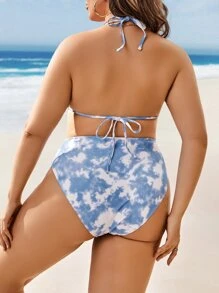 Conjunto de bikini de triángulo con atar teñido anudado y cubrimiento de talla grande para playa de verano - Azul y blanco - Ver 3
