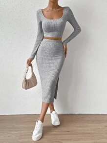 SHEIN Essnce Bộ đồ hai mảnh nữ Gân đan Tách cao màu trơn Giải trí - Màu Xám nhạt - Xem 4