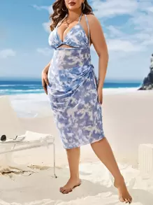 Conjunto de bikini de triángulo con atar teñido anudado y cubrimiento de talla grande para playa de verano - Azul y blanco - Ver 5