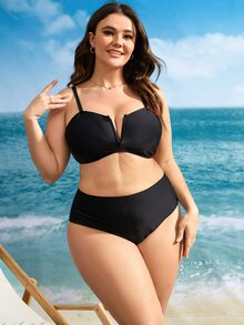 Plus Size Notched Neckline Halter Tankini Summer Beach - Multicolor - View 3