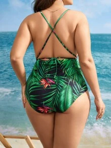 Plus Tropical Print One Piece Swimsuit With Kimono Bathing Suit For Summer Beach Vacation - Multicolor - View 6