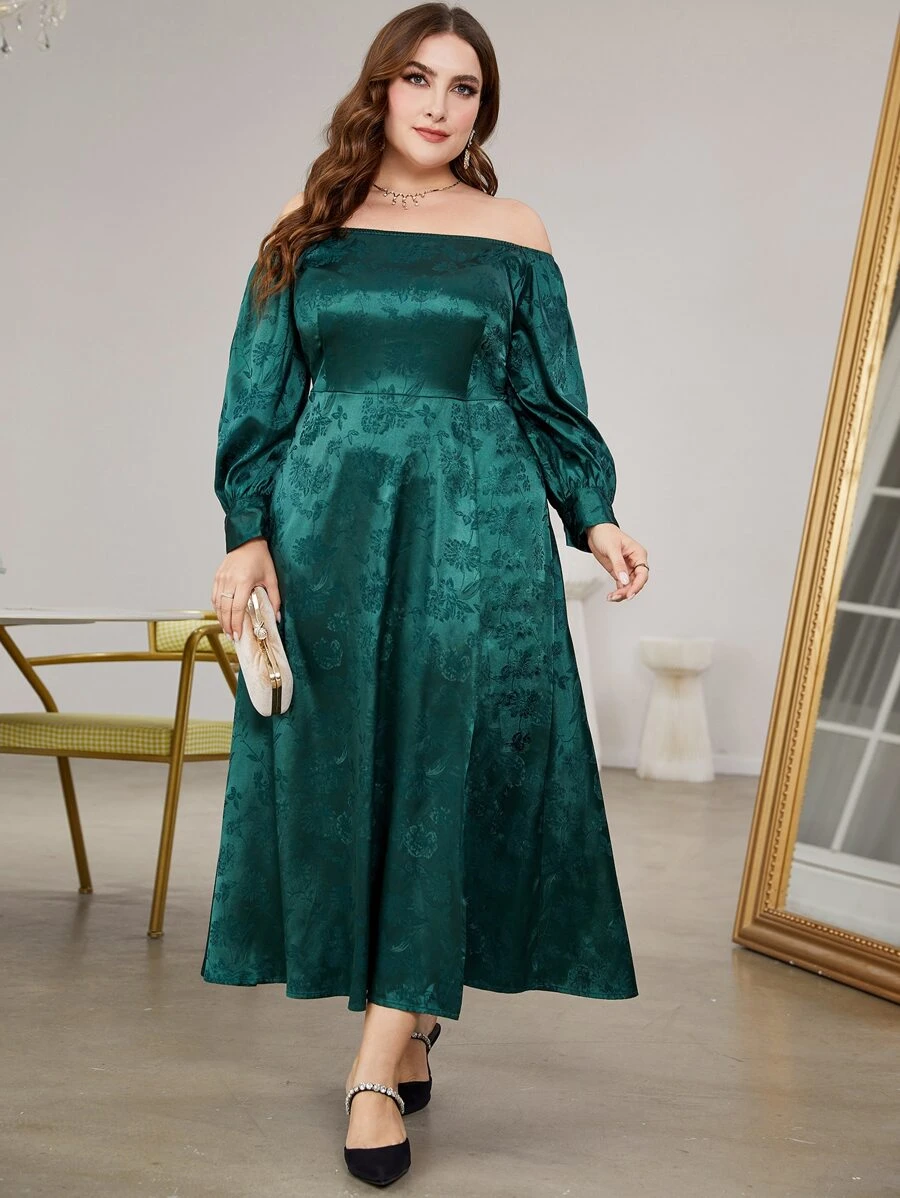 Plus Off Shoulder Jacquard Satin Dress - Dark Green - View 1