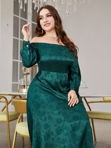 Plus Off Shoulder Jacquard Satin Dress - Dark Green - View 4