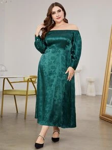 Plus Off Shoulder Jacquard Satin Dress - Dark Green - View 5