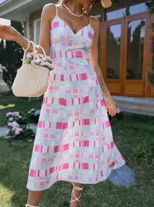 SHEIN VCAY Vestido de tirantes con estampado geométrico pecho con fruncido - Multicolor - Ver 1