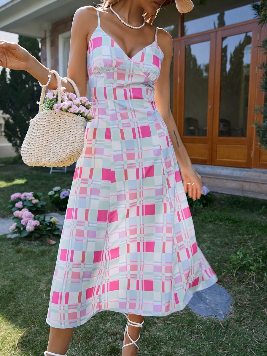 SHEIN VCAY Vestido de tirantes con estampado geométrico pecho con fruncido - Multicolor - Ver 1