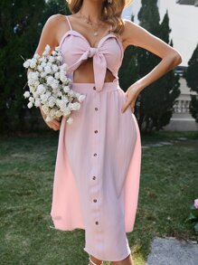 SHEIN VCAY Knot Front Cut Out Button Detail Shirred Back Cami Dress - Pink - View 1