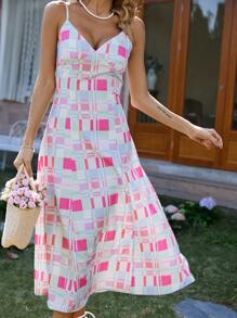 SHEIN VCAY Vestido de tirantes con estampado geométrico pecho con fruncido - Multicolor - Ver 4