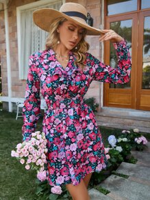 SHEIN LUNE Allover Floral Print Ruffle Trim Shirred Waist Belted Dress - Pink - View 5