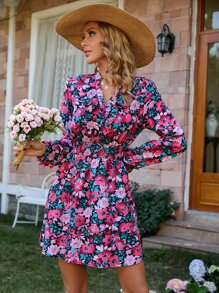 SHEIN LUNE Allover Floral Print Ruffle Trim Shirred Waist Belted Dress - Pink - View 4