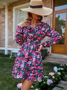 SHEIN LUNE Allover Floral Print Ruffle Trim Shirred Waist Belted Dress - Pink - View 6