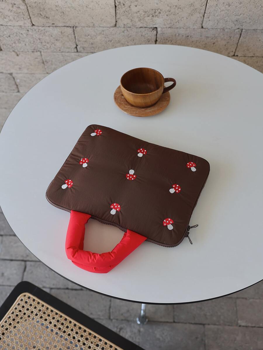 FANHUABUYU 1pc 11 Inch Mushroom Embroidered Laptop Bag - Brown - View 1