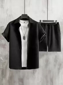 Manfinity Men Solid Button Up Shirt & Shorts Without Tee - Black - View 1