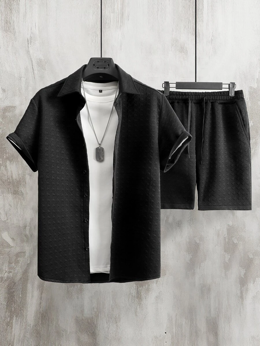 Manfinity Men Solid Button Up Shirt & Shorts Without Tee - Black - View 1