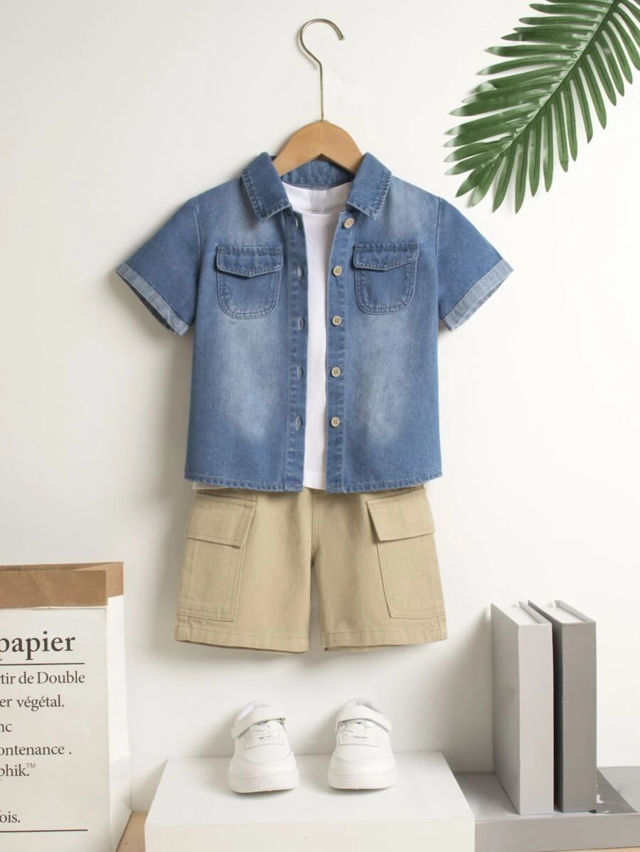 Toddler Boys Flap Pocket Denim Shirt & Flap Pocket Shorts Without Tee - Multicolor - View 1
