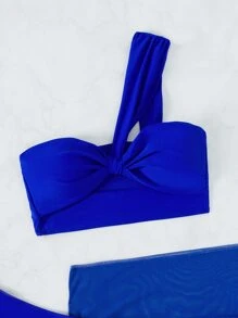 Plain One Shoulder Bikini Set With Drawstring Beach Skirt Summer Beach - Royal Blue - View 3