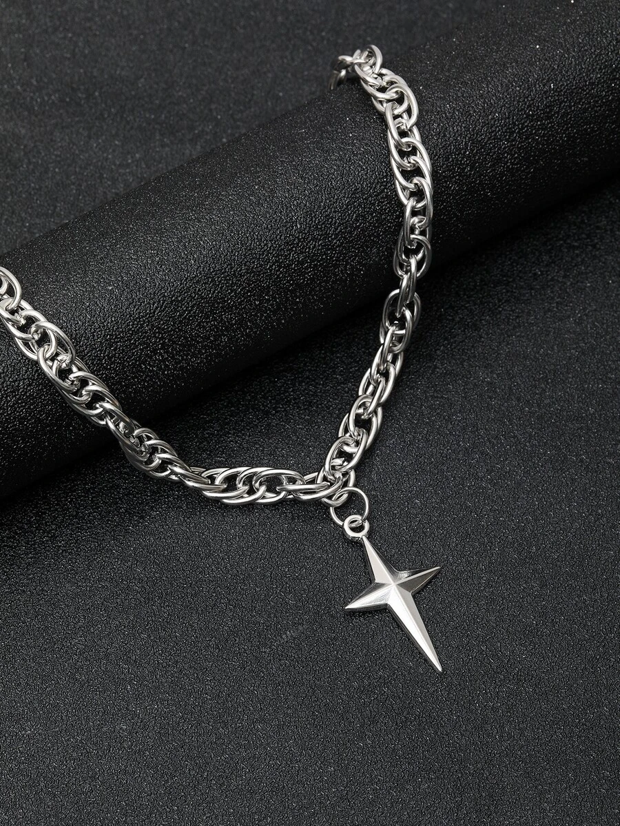 Men Star Charm Necklace - Silver - View 1