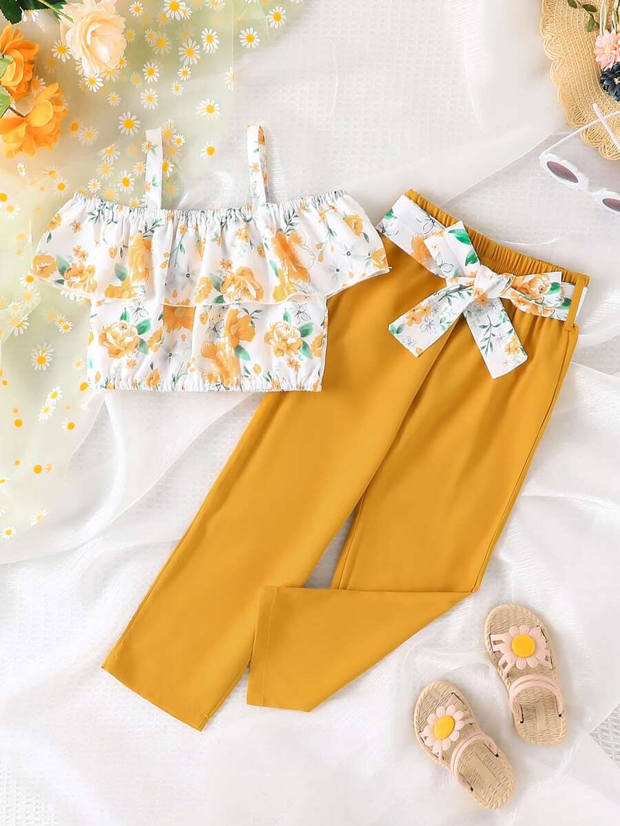 Toddler Girls Floral Print Cold Shoulder Ruffle Trim Top & Belted Trousers - Multicolor - View 1