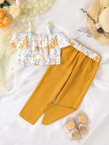 Toddler Girls Floral Print Cold Shoulder Ruffle Trim Top & Belted Trousers - Multicolor - View 2