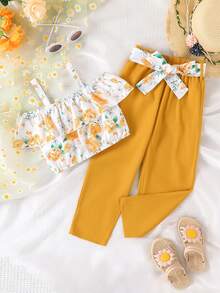 Toddler Girls Floral Print Cold Shoulder Ruffle Trim Top & Belted Trousers - Multicolor - View 3