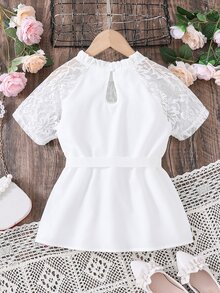 Girls Contrast Lace Raglan Sleeve Frill Neck Belted Blouse - White - View 2