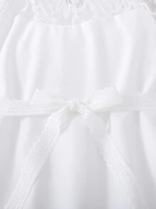 Girls Contrast Lace Raglan Sleeve Frill Neck Belted Blouse - White - View 4