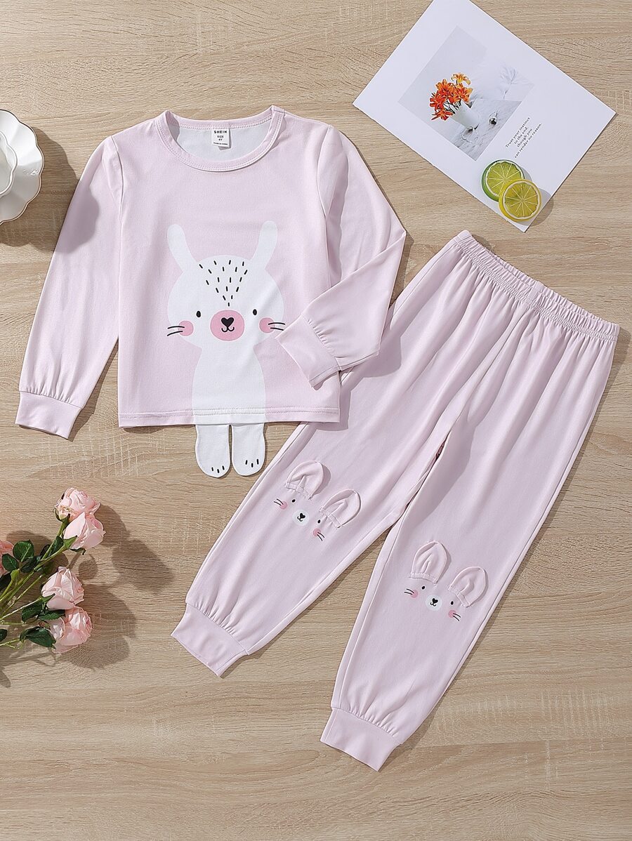 Chicas Conjunto de pijama con estampado de dibujos animados con diseño de oreja 3D - Rosa Pálido - Ver 1