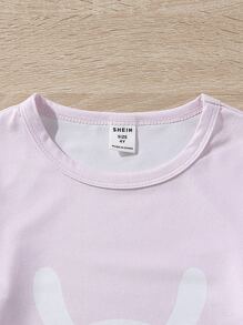 Chicas Conjunto de pijama con estampado de dibujos animados con diseño de oreja 3D - Rosa Pálido - Ver 4