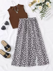 Tween Girl Solid Tank Top & Allover Print Split Hem Skirt - Multicolor - View 1
