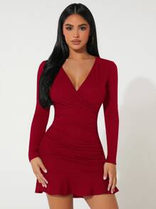SHEIN PETITE 交疊領褶邊荷葉邊緊身連衣裙 - 玫瑰紅 - 查看 3