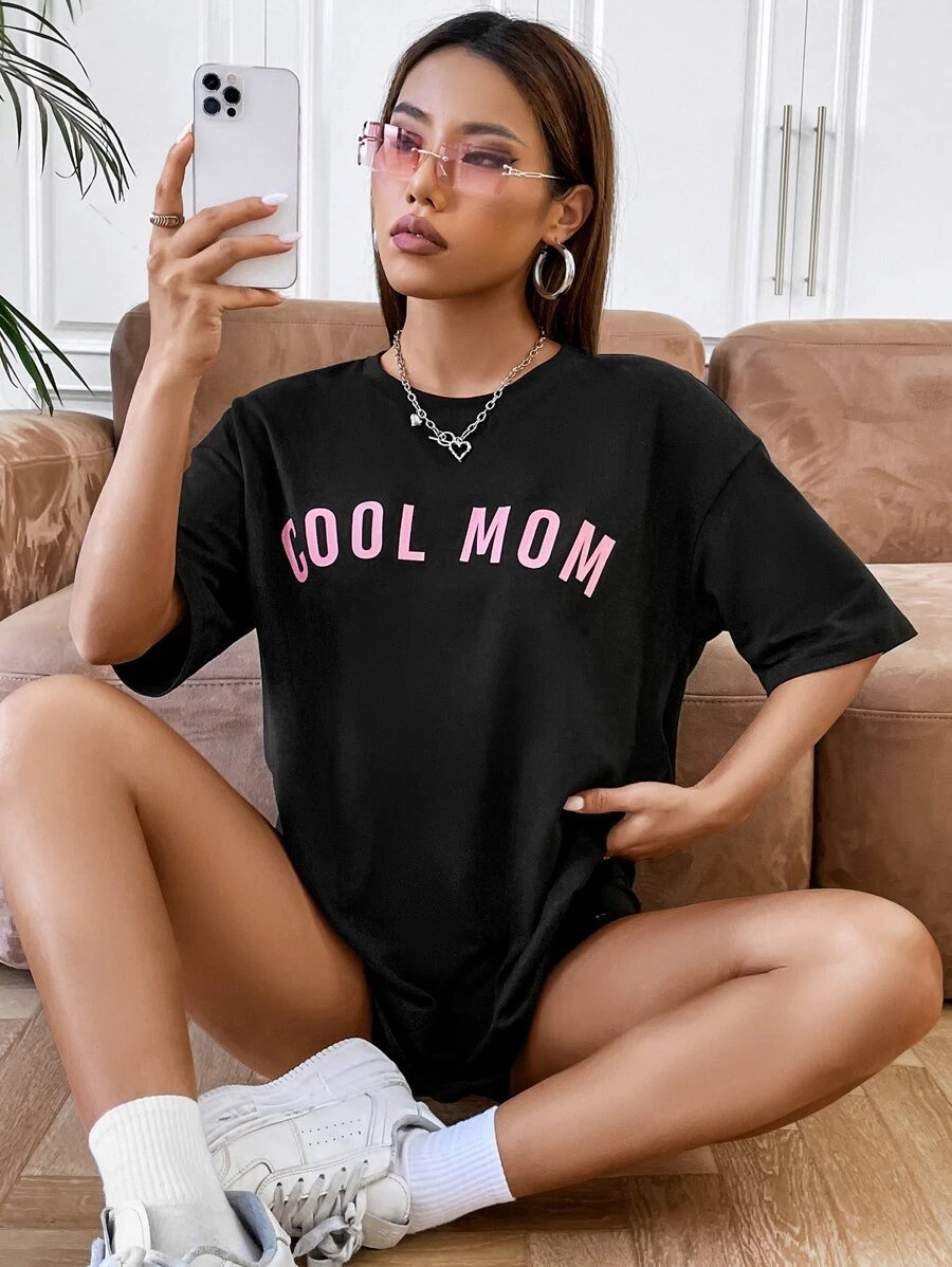 SHEIN Unity Letter Graphic Drop Shoulder Tee & Cycling Shorts - Black - View 1